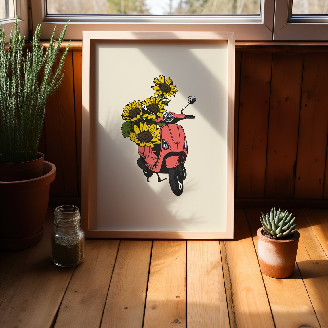 Red Vespa Scooter Carrying Sunflowers Retro Summer Art Poster - Image 3