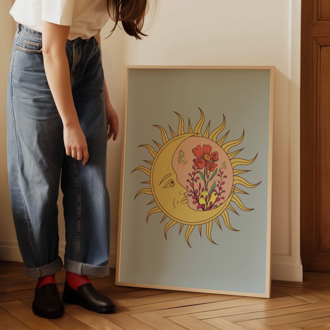 Celestial Sun Moon Retro Groovy Wall Art Print - Image 2