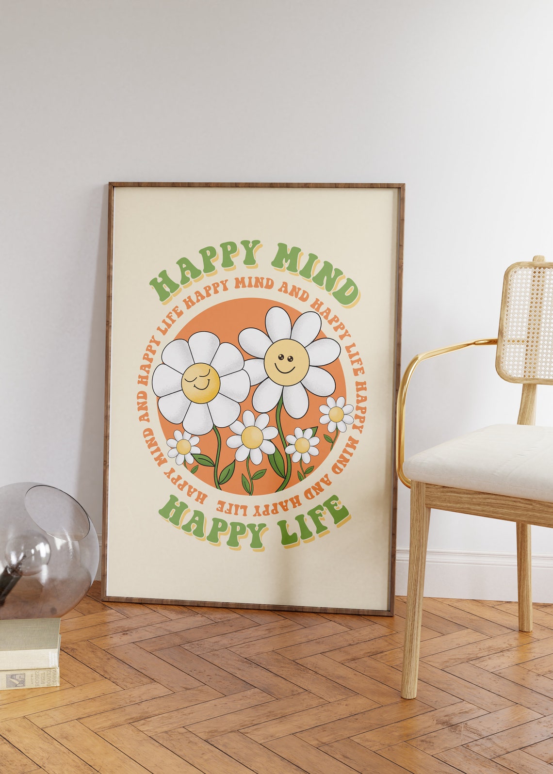 Happy Mind Happy Life Smiley Daisy Retro Badge Style Wall Poster - Image 3