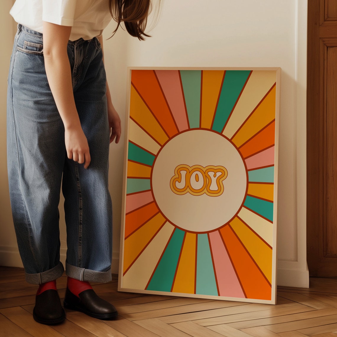 Joy Bold Retro Sunburst Burst Rays Groovy 70s Word Art Poster - Image 4