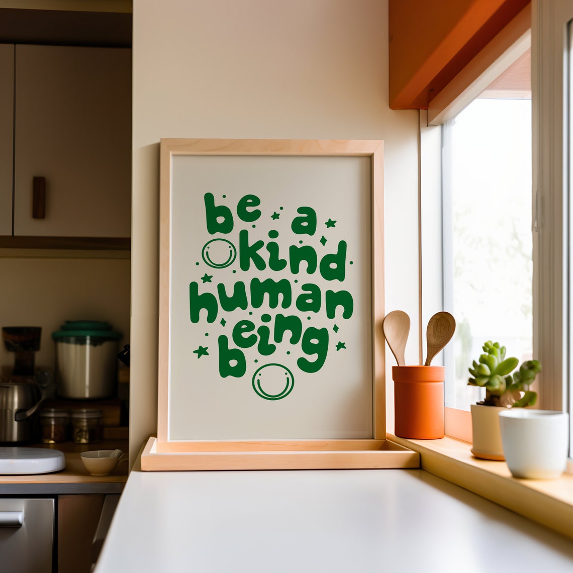 Be a Kind Human Being Green Retro Bubble Typography Wall Poster - Image 4