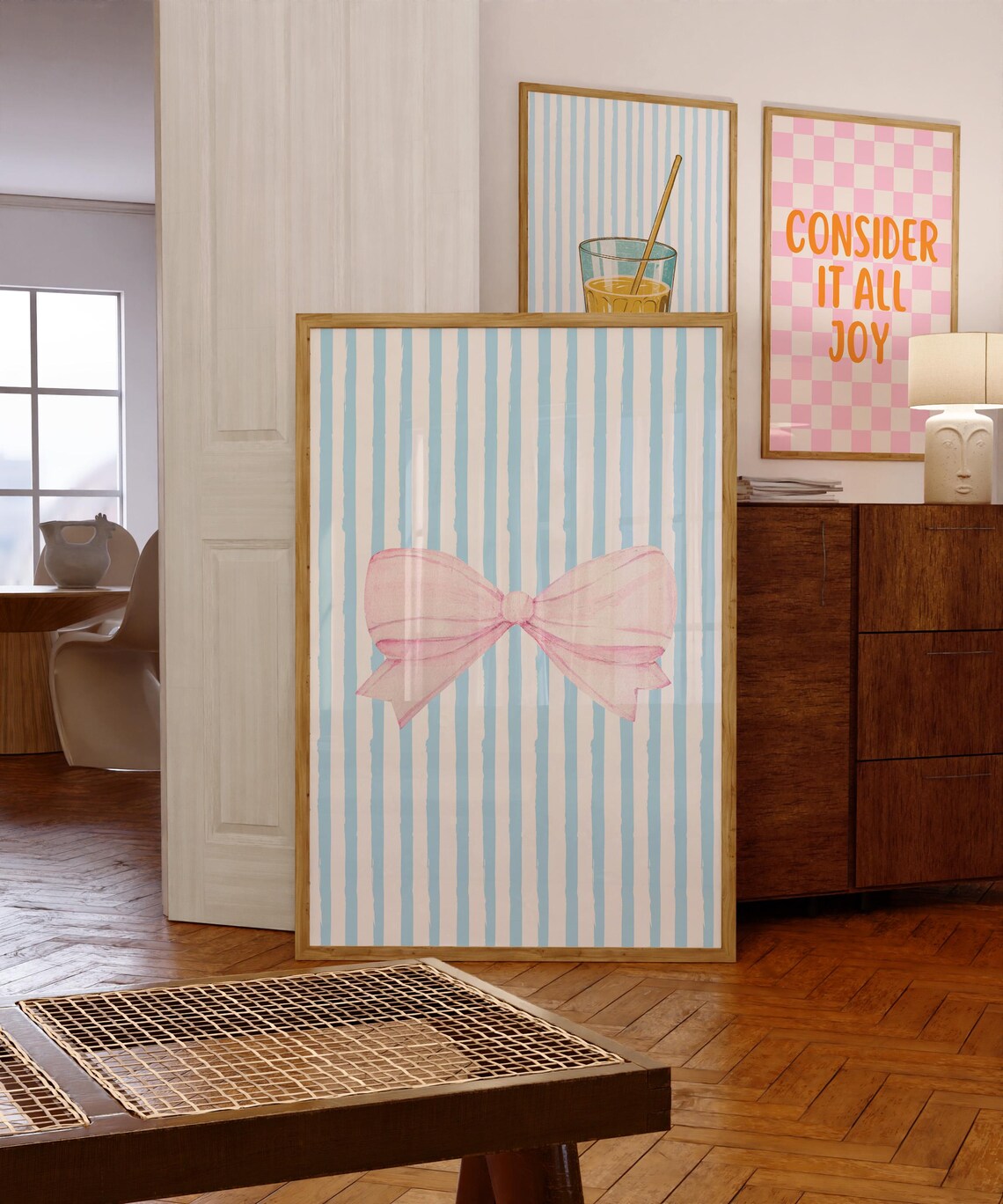 Pink Watercolor Bow Blue Striped Coquette Aesthetic Art Print - Image 2