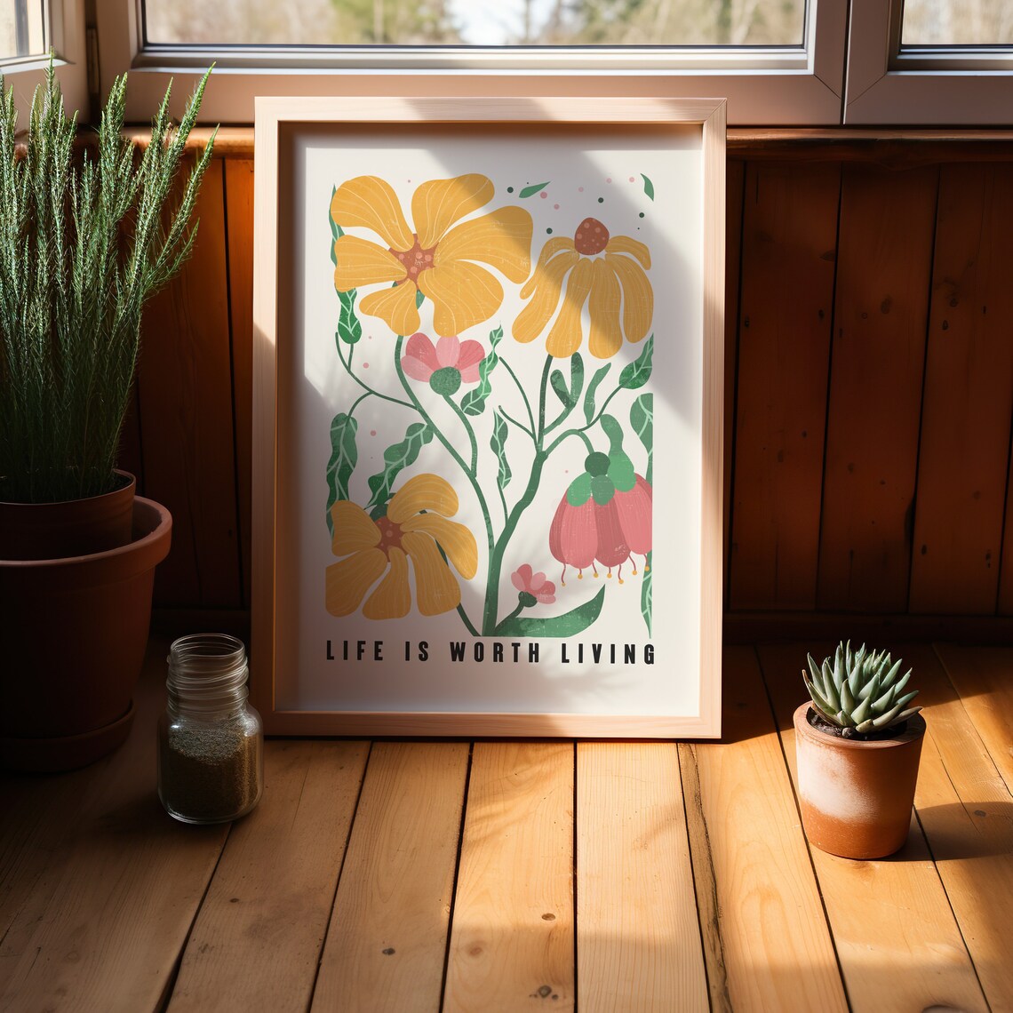 Life Is Worth Living Yellow Wildflower Botanical Quote Poster - Image 3