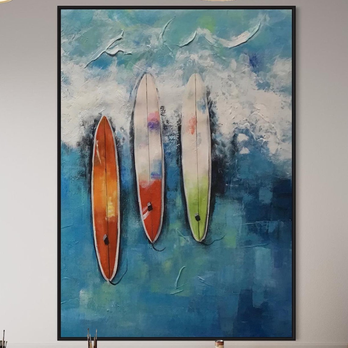 Three Surfboards on Blue Textured Ocean Waves Colorful Surf Poster