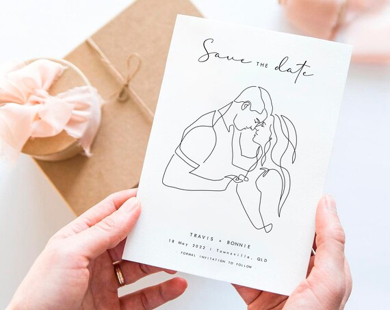 Custom Save The Date Card Minimalist Wedding Invitation Save The Date Template Couple Line Art Drawing Elegant Wedding Stationery