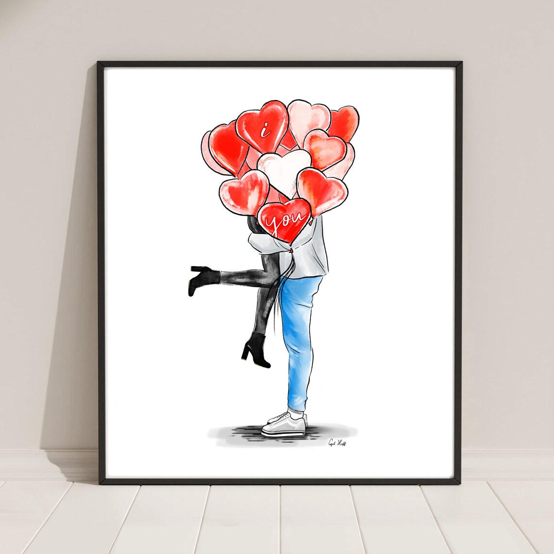 Romantic Couple Embracing Behind Heart Balloons I Love You Poster