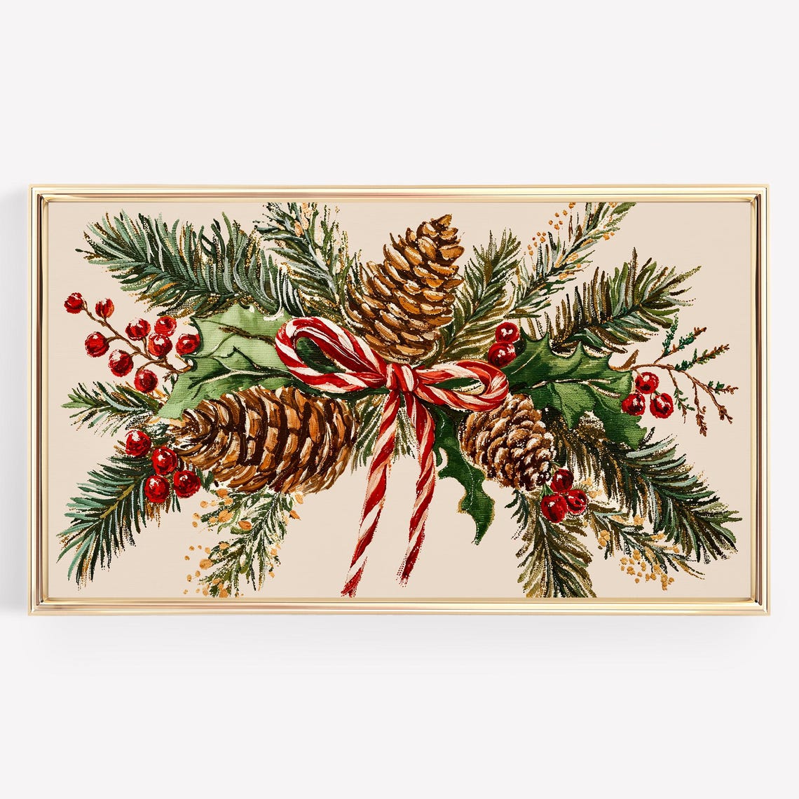 Christmas Botanical Swag Pinecones Holly Candy Cane Ribbon Poster