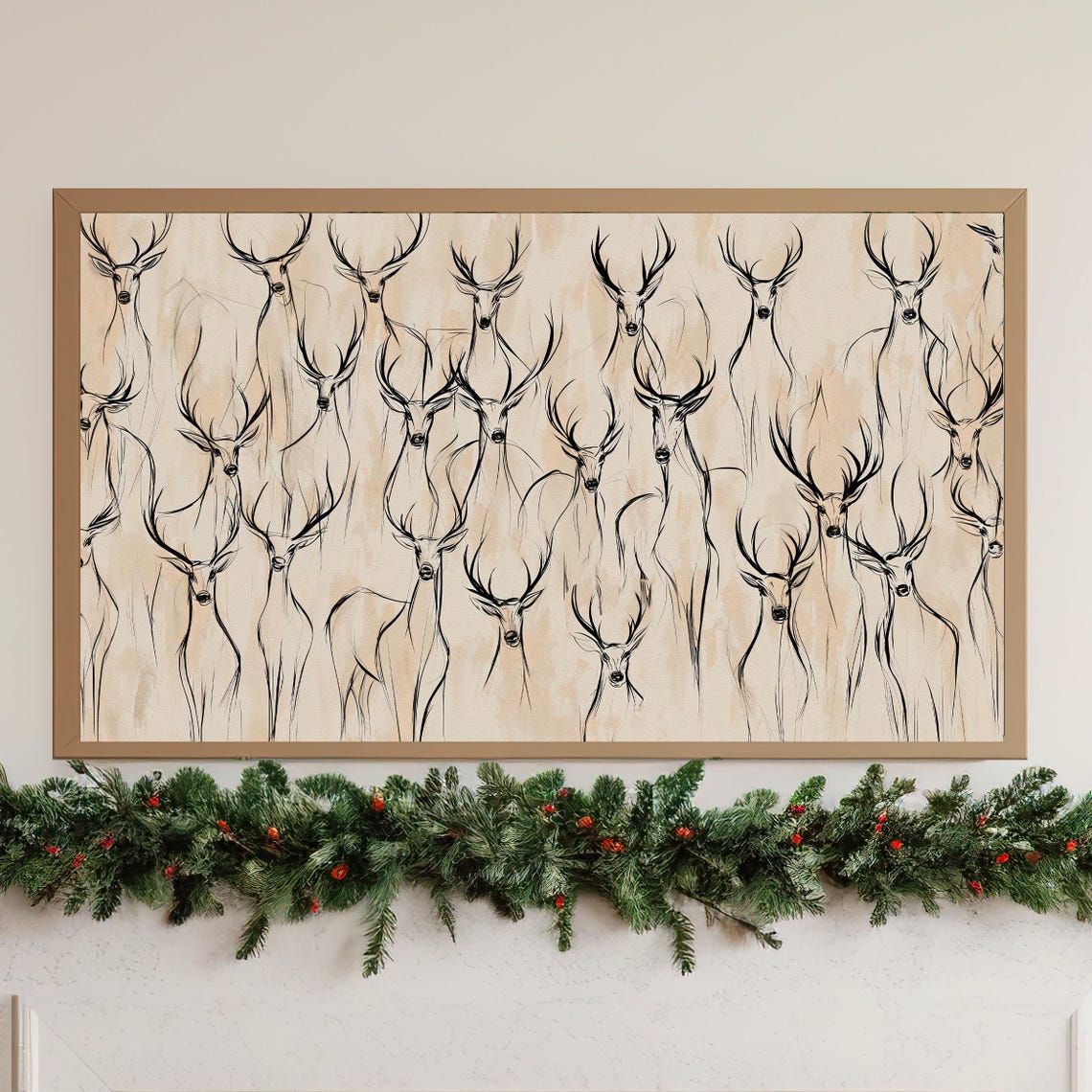 Frame TV Art Reindeer Deer Heads Line Sketch Beige Winter Poster - Image 3