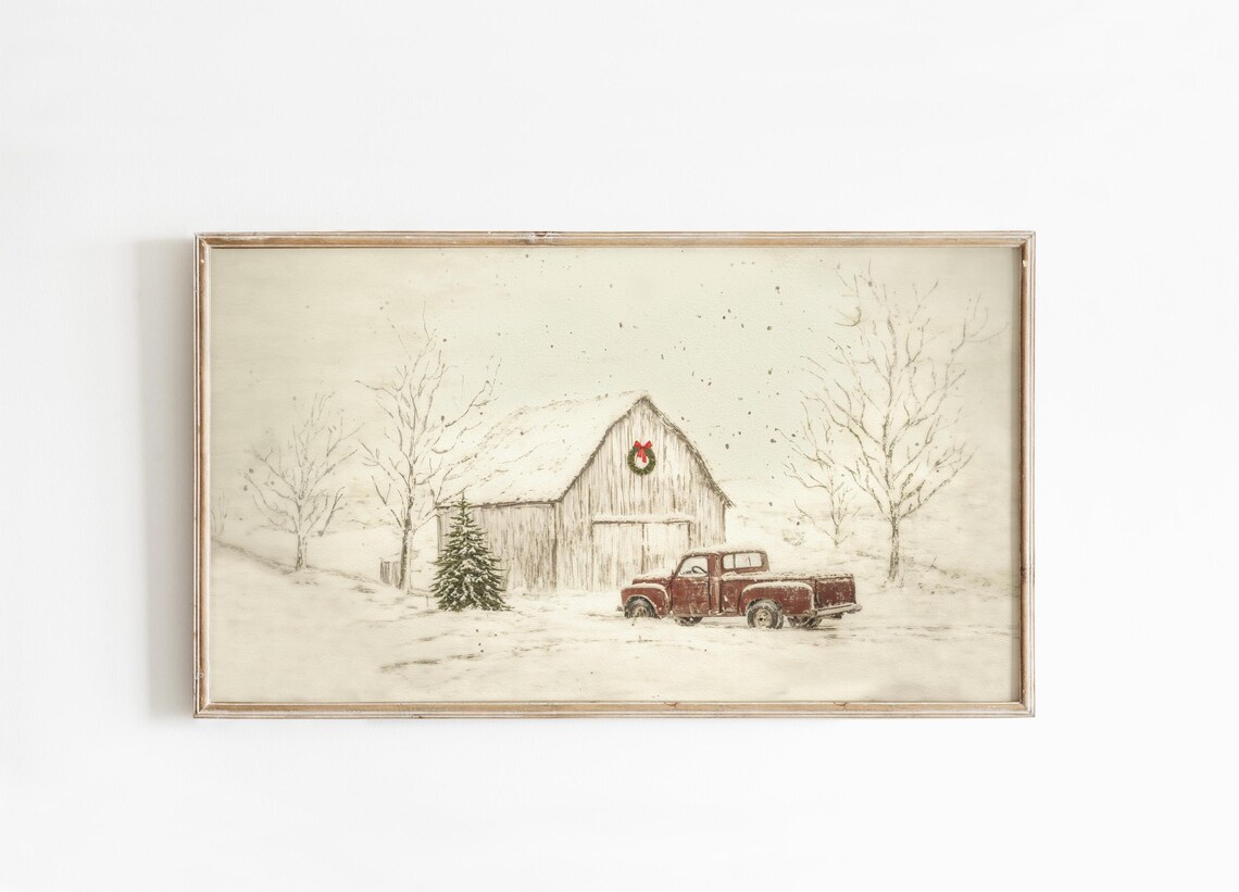 Vintage Red Truck and Barn in Snow Christmas Farmhouse Wall Art