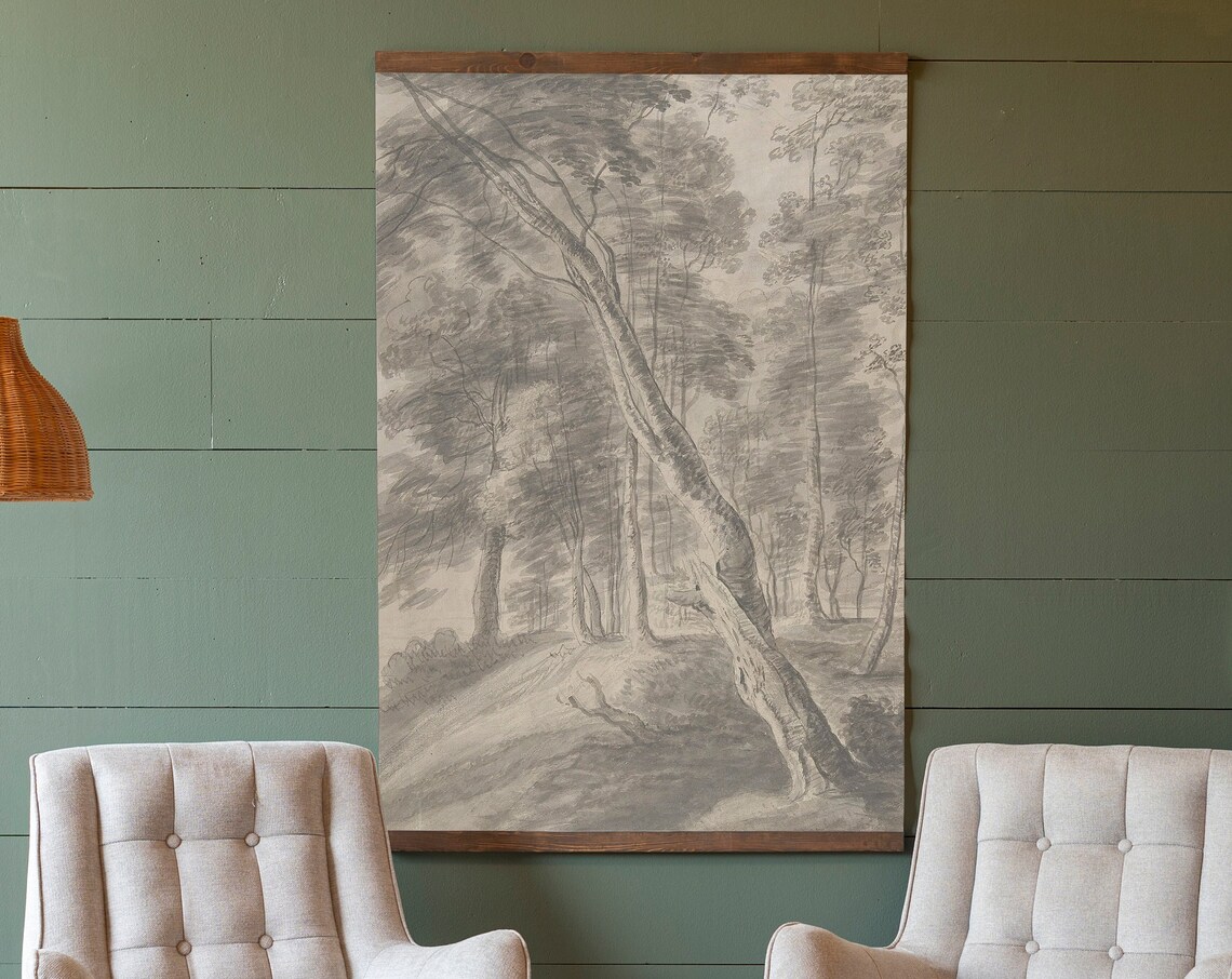 Black And White Tapestry Vintage Charcoal Art Print Black And White Forest Scene Wall Art 149