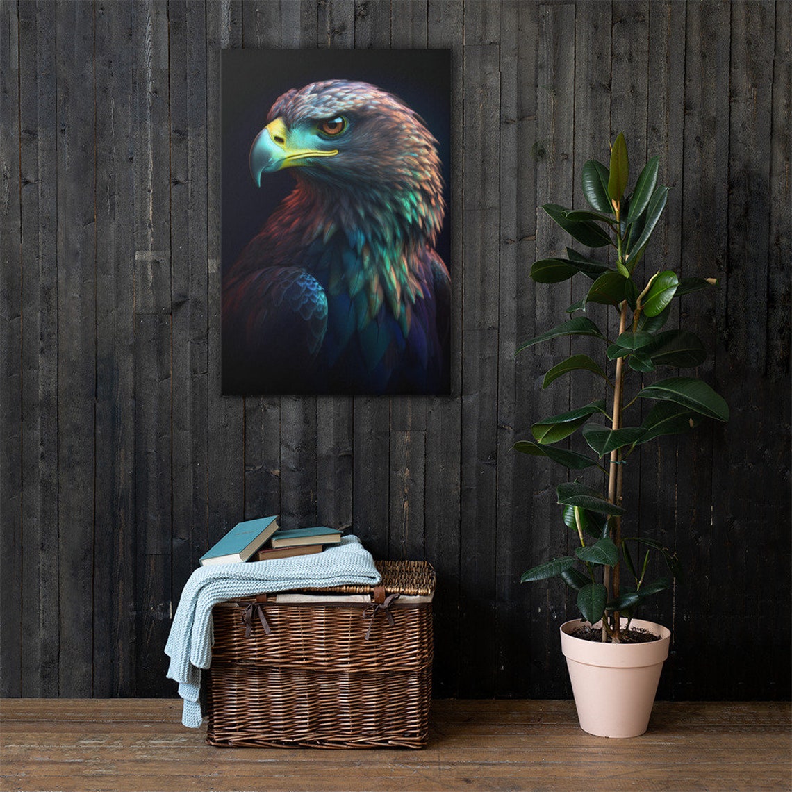 Iridescent Eagle Portrait With Rainbow Feathers On Dark Canvas Poster
