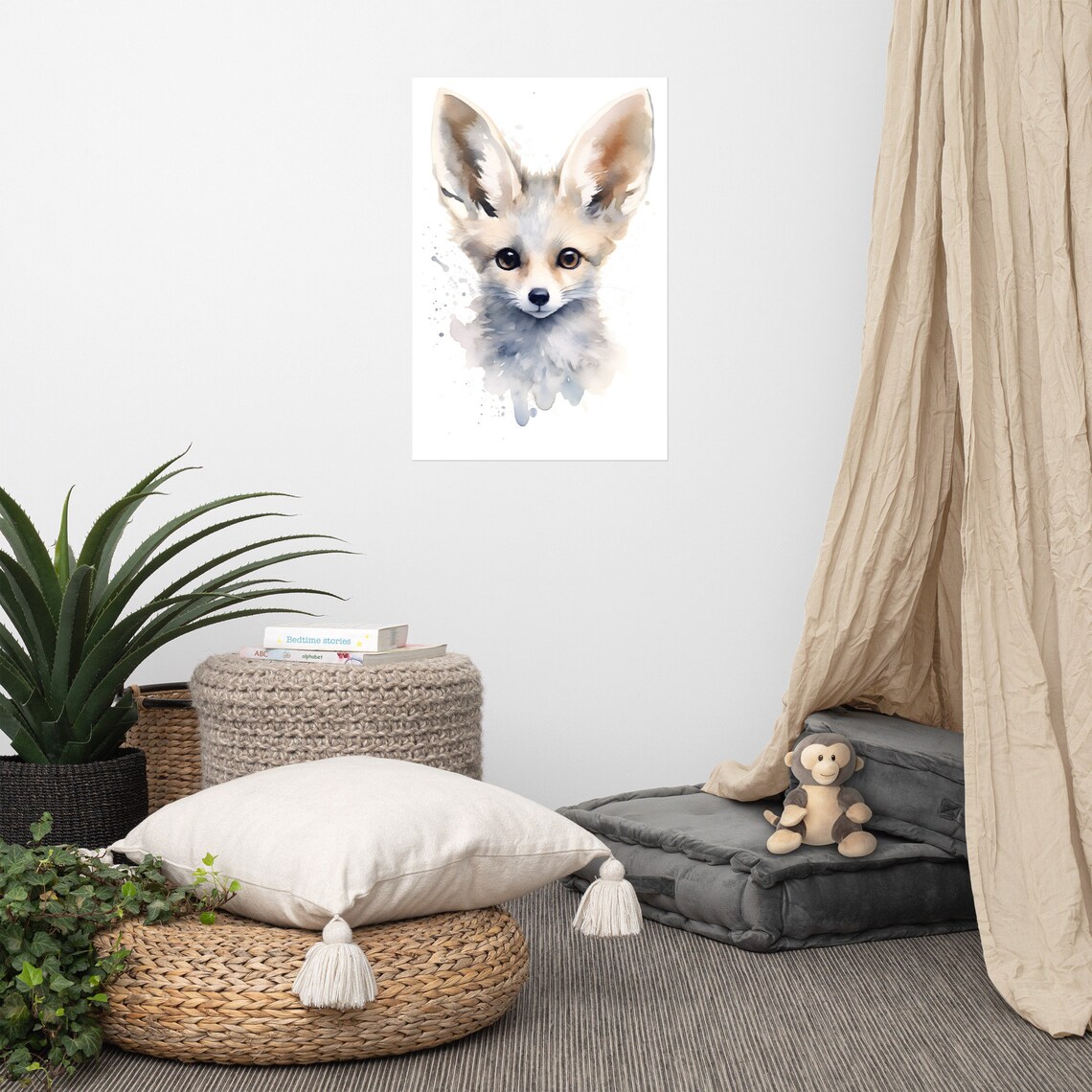 Adorable Fennec Fox Watercolor Poster Baby Animal Nursery Decor