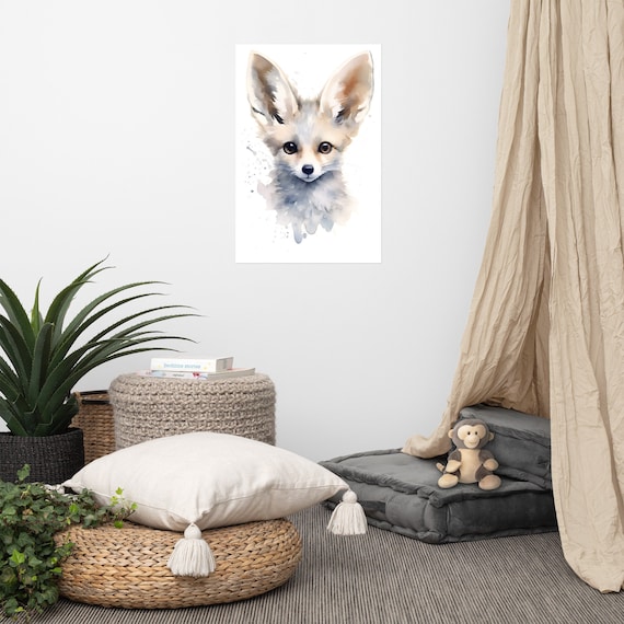 Adorable Fennec Fox Watercolor Poster Baby Animal Nursery Decor
