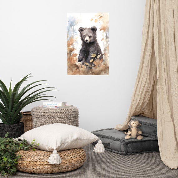 Cute Black Bear Poster Baby Art Nursery Watercolor Adorable Animal Childrens Room Wall