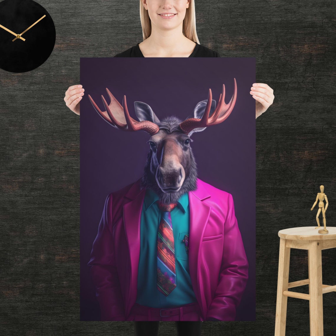 Moose in Magenta Suit Teal Shirt Bold 80s Retro Animal Poster