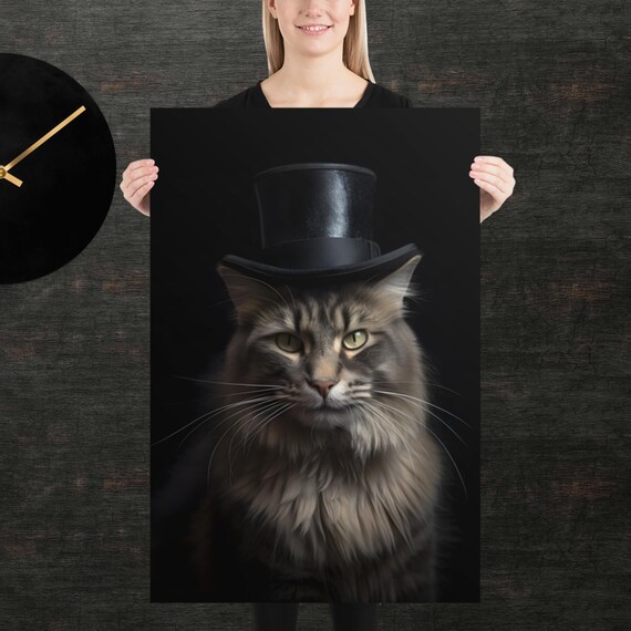 Dapper Long Haired Cat in Black Top Hat Elegant Portrait Poster