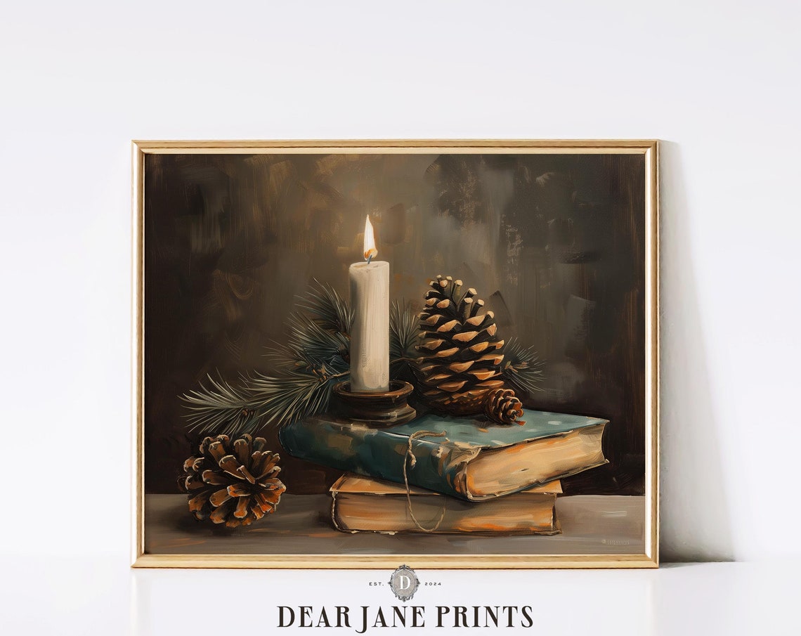 Candle Pinecones Vintage Books Winter Still Life Dark Academia Poster