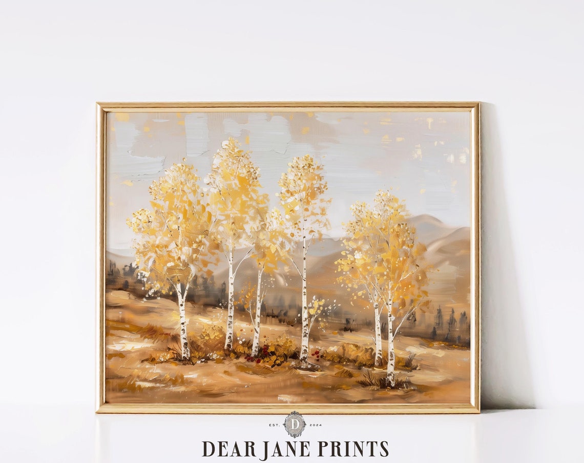 Golden Aspen Trees Autumn Mountain Landscape Impressionist Oil Poster
