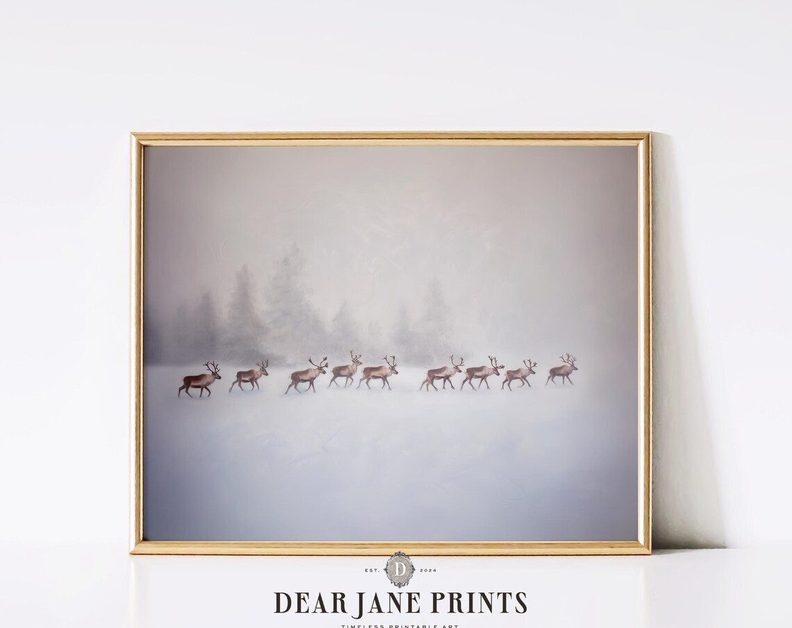 Herd Of Nine Reindeer Walking Through Snowy Whiteout Fog Poster - Image 2