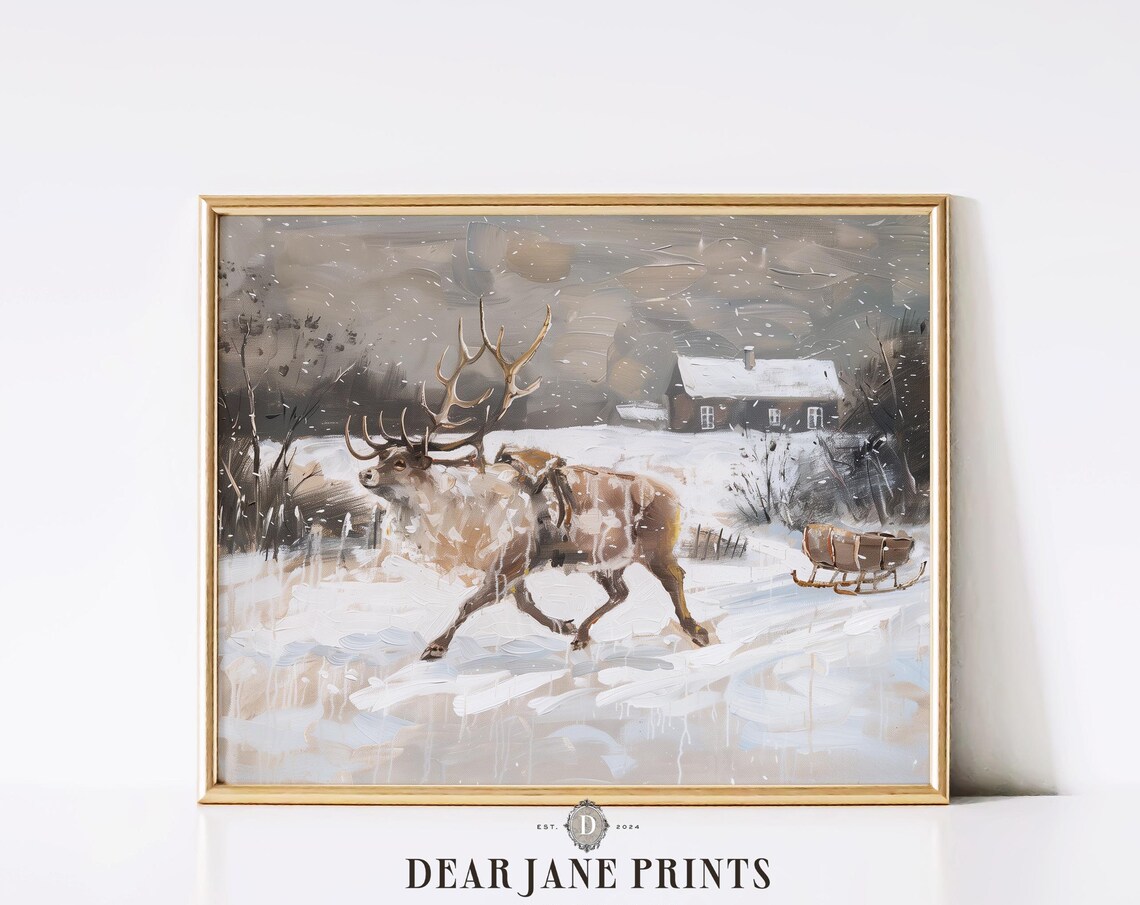 Reindeer Running Through Snow Near Sleigh And Old Farmhouse Poster - Image 2