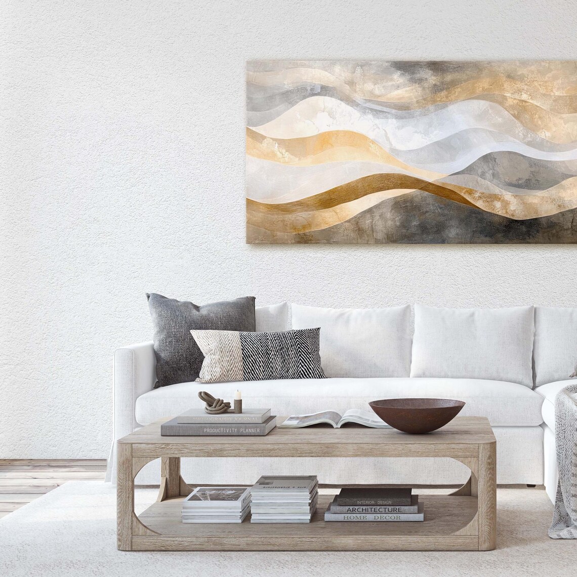 Morning Fog Minimalist Mountain Landscape Beige Gold Wave Art Poster - Image 3