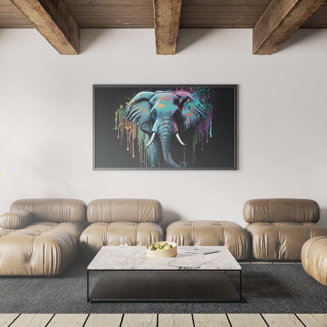 Elephant Neon Paint Splash Portrait on Black Background Poster - Image 2