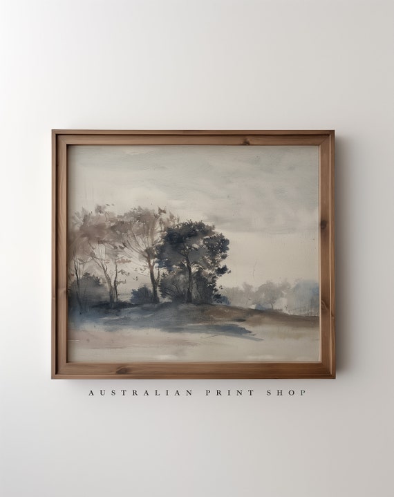 Minimal Forest Painting Vintage Wall Decor Neutral Muted Artwork Moody Trees