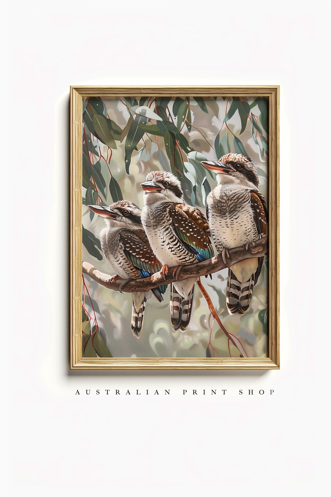 Kookaburra Trio, Sage Green Australian Art Print