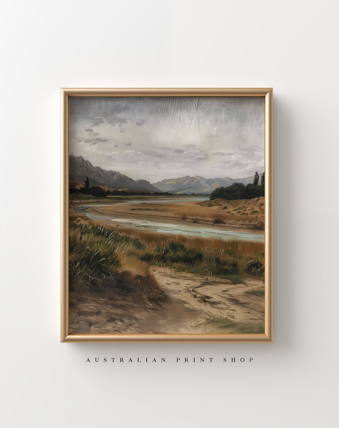 Vintage Rustic Countryside Painting Muted Landscape Print Moody Living Room Decor Neutral Farmhouse Wall Art - Image 5