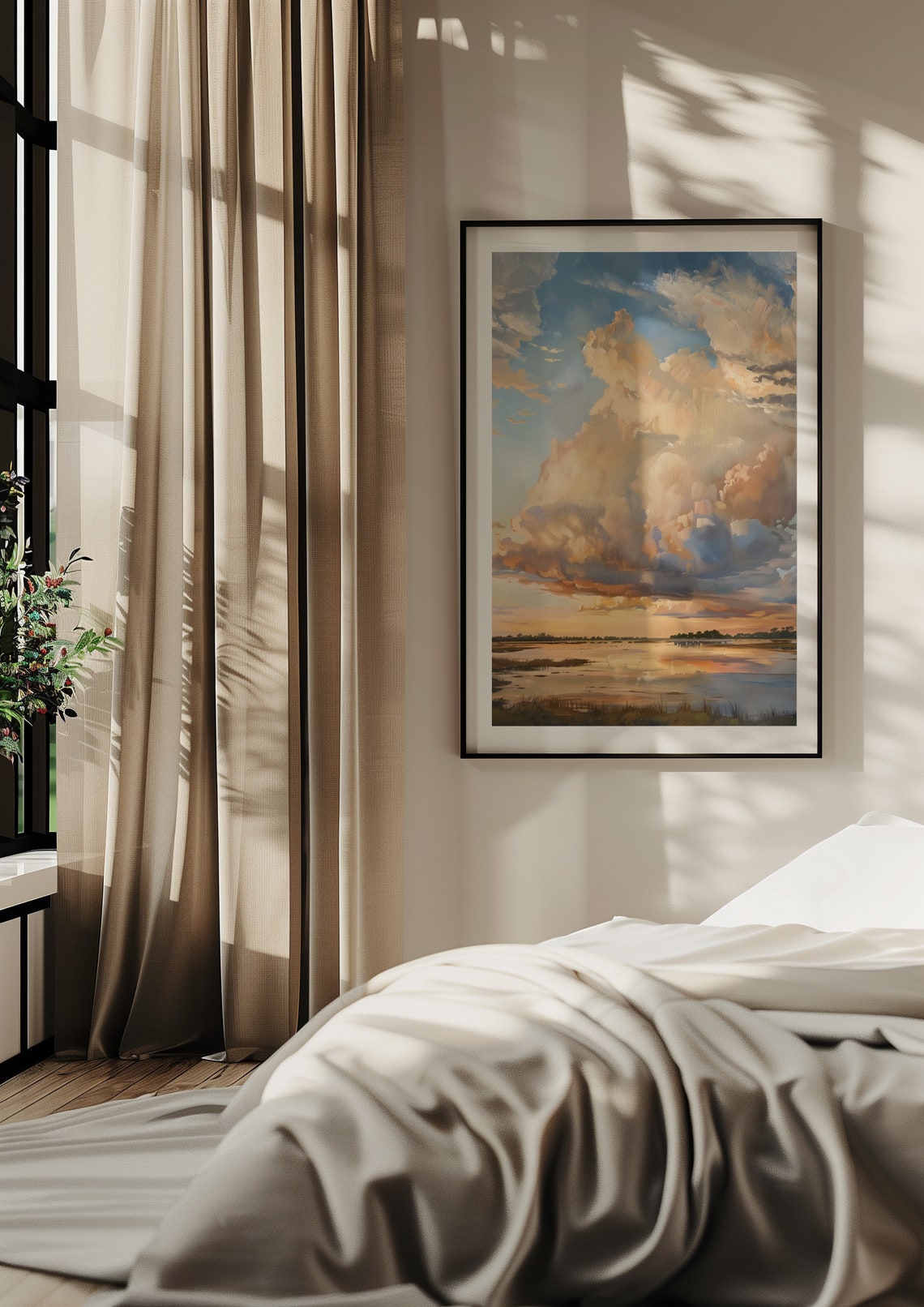 Cloudy Summer Sky Painting Neutral Farmhouse Decor Print Nursery Art Cloud Art Lake Sunset Print Summer Sunrise Artwork - Image 7