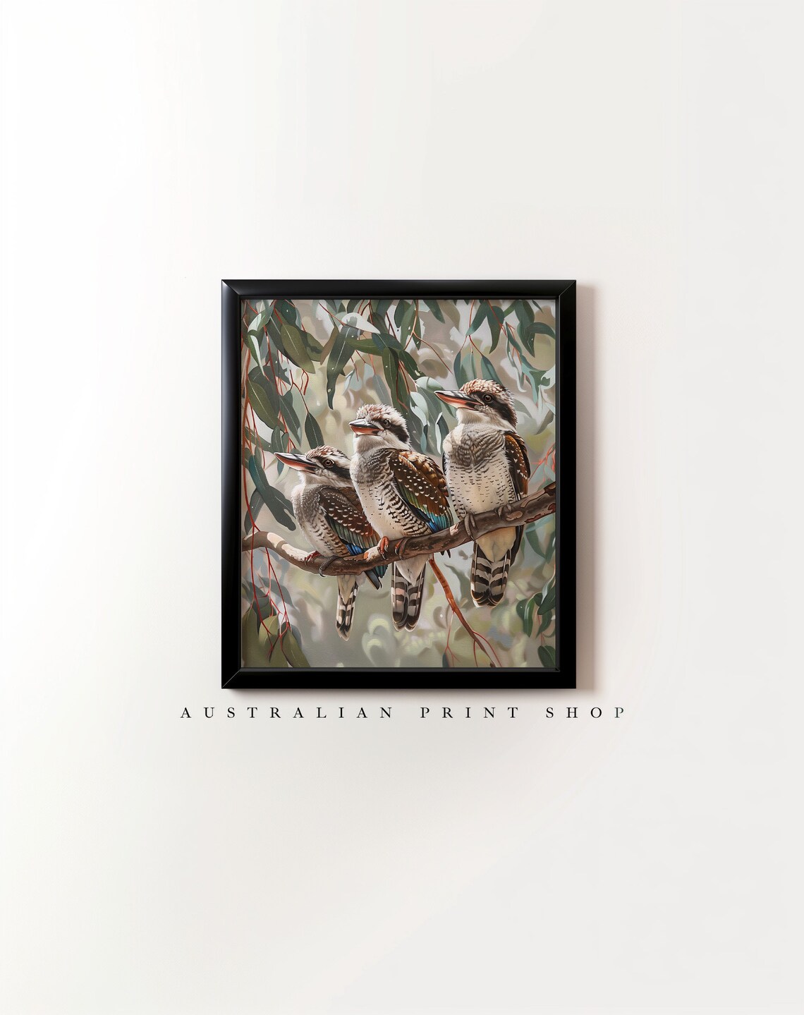 Kookaburra Trio, Sage Green Australian Art Print - Image 7