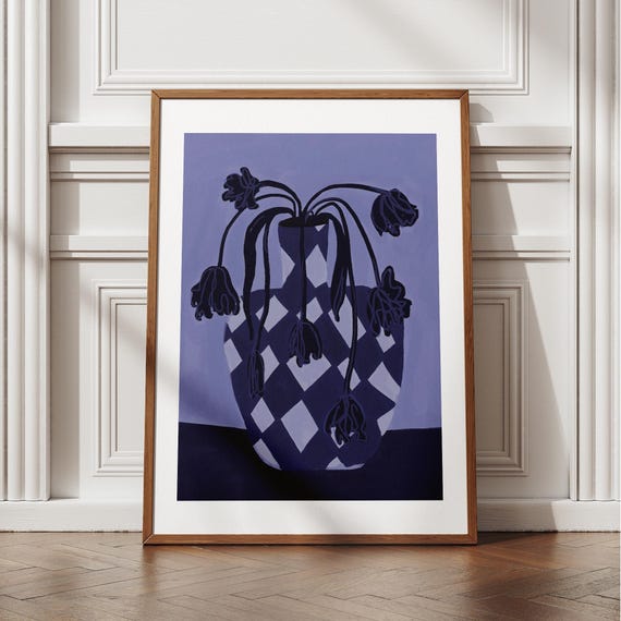 Dark Floral Abstract Poster, Moody Blue Wall Art