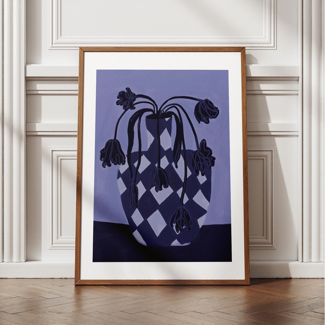 Dark Floral Abstract Poster, Moody Blue Wall Art