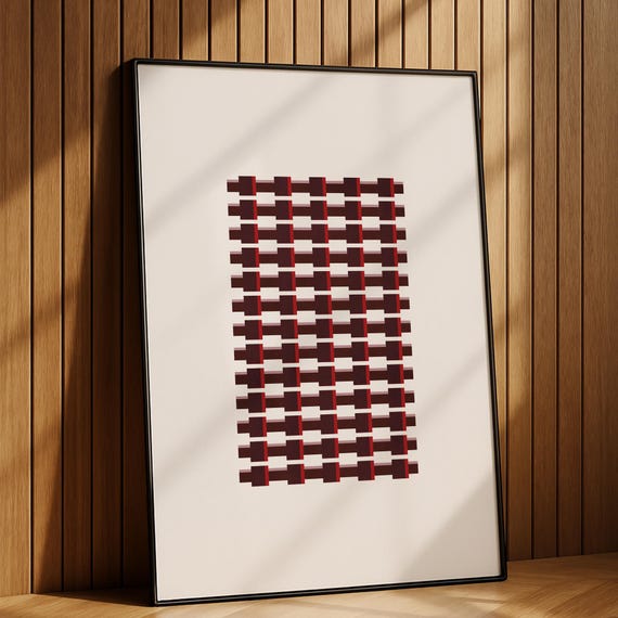 Burgundy Grid Art Print Abstract Retro Poster Modern Check Wall Red Pattern Minimalist Decor Large Jpg
