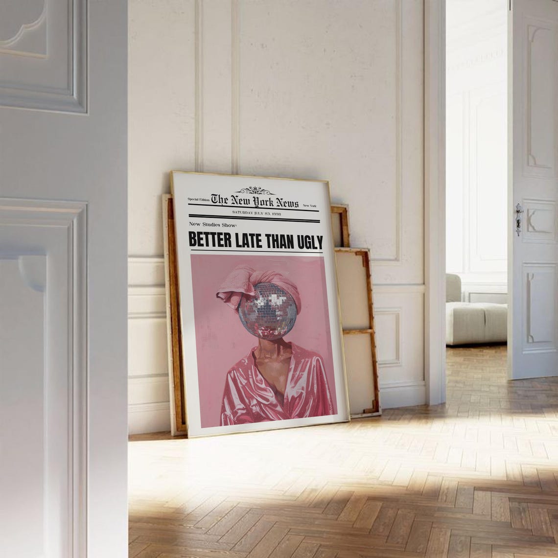 Better Late Than Ugly Disco Ball Pink Newspaper Headline Poster - Image 4