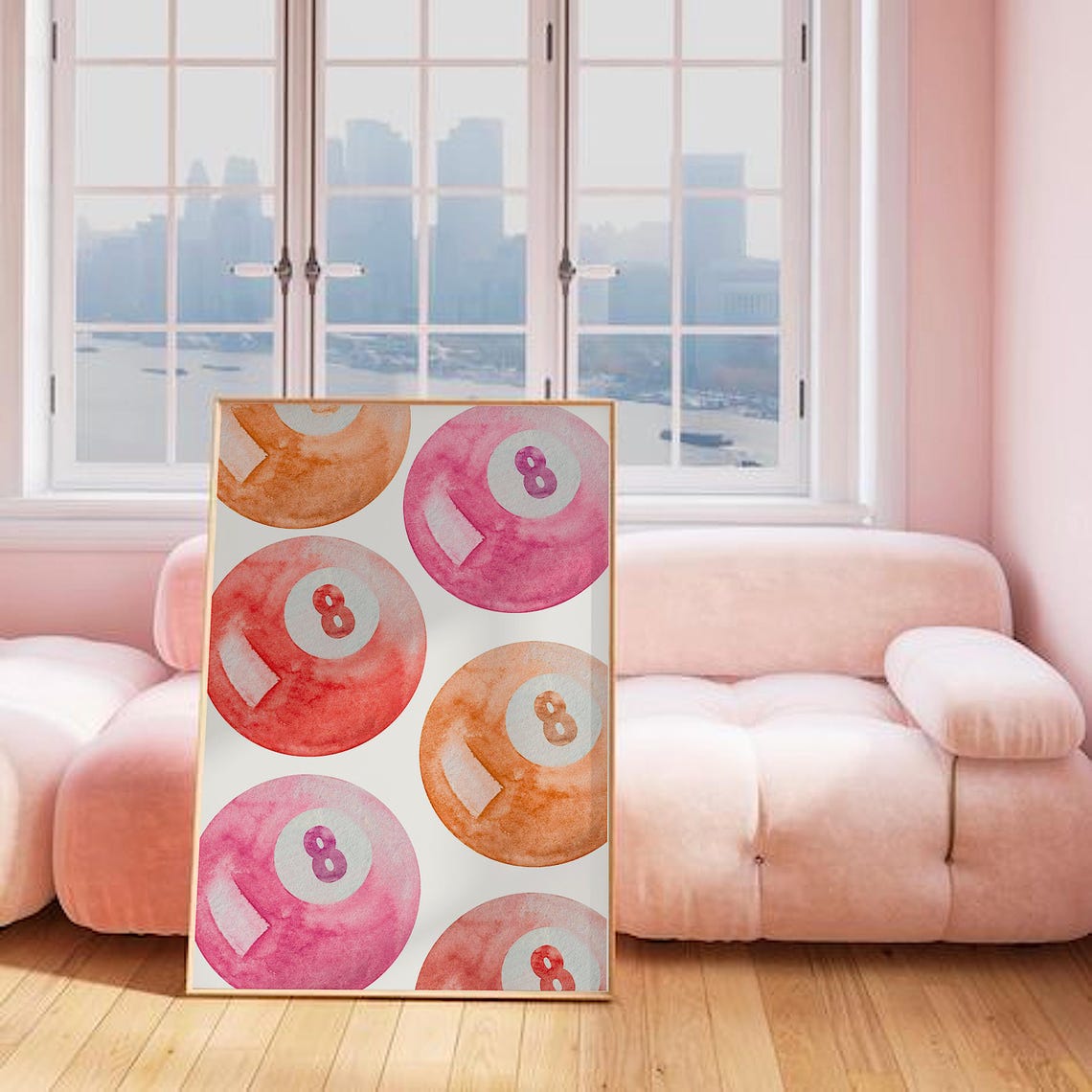 Pink and Orange Watercolor Eight Ball Pattern Game Room Trendy Poster - Image 3