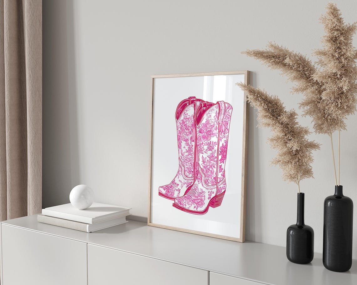 Pink Floral Cowgirl Boots Western Line Art Cowboy Chic Wall Art - Image 4