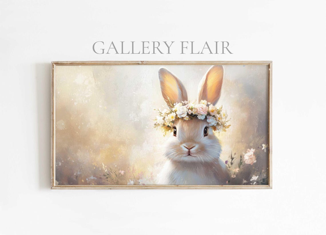 White Bunny Flower Crown Golden Glow Spring Portrait Wall Art