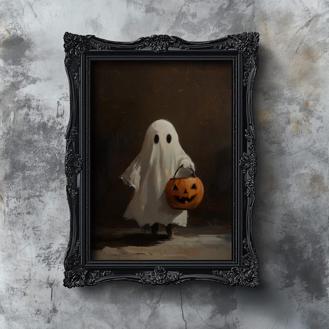Cute Little Ghost with Pumpkin Bucket Moody Halloween Art Poster