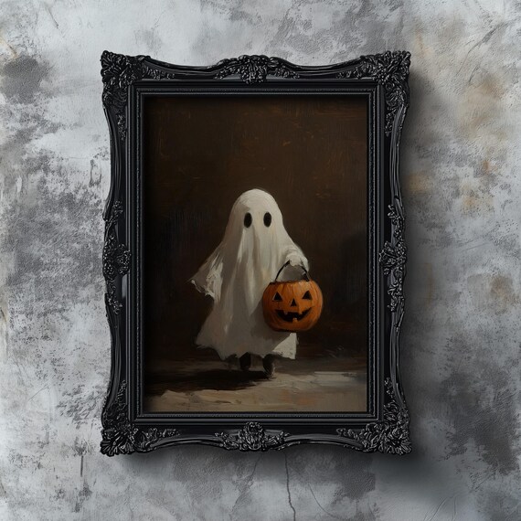 Cute Ghost With Pumpkin Halloween Print Moody Small Ghost Artwork Vintage Ghost Oil Painting Antique Spooky Fall Decor Dark Academia Art