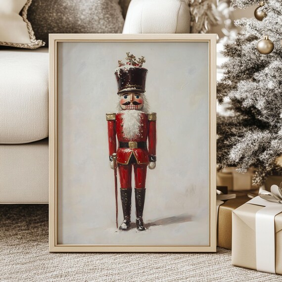 Moody Nutcracker Soldier Poster Antique White Christmas Artwork Vintage Holiday Season Home Decor Muted Cottagecore Winter Wonderland Art