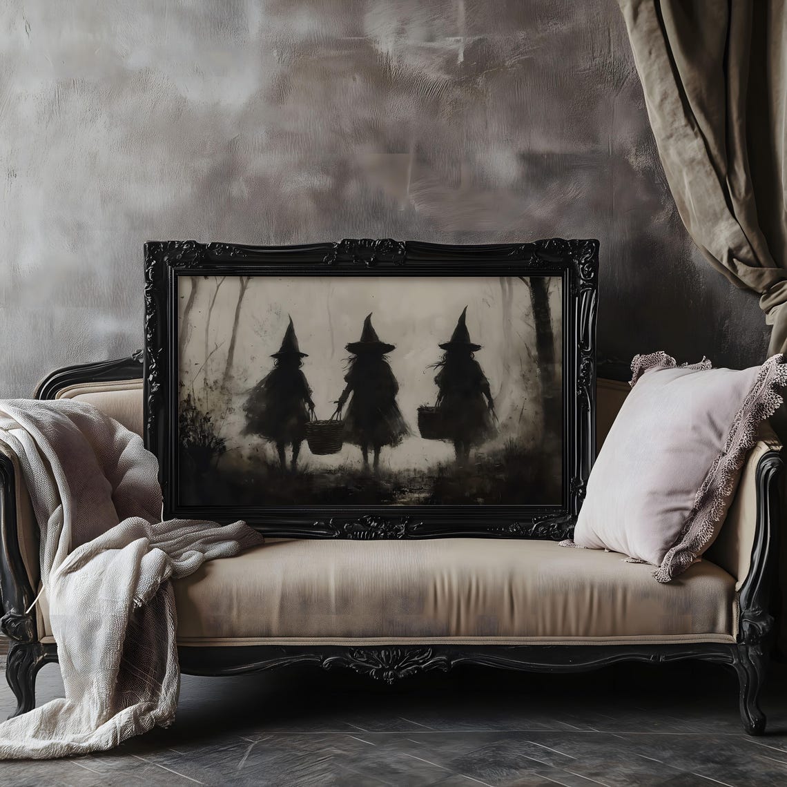 Three Witches Silhouettes in Mist Spooky Halloween Art Poster - Image 2
