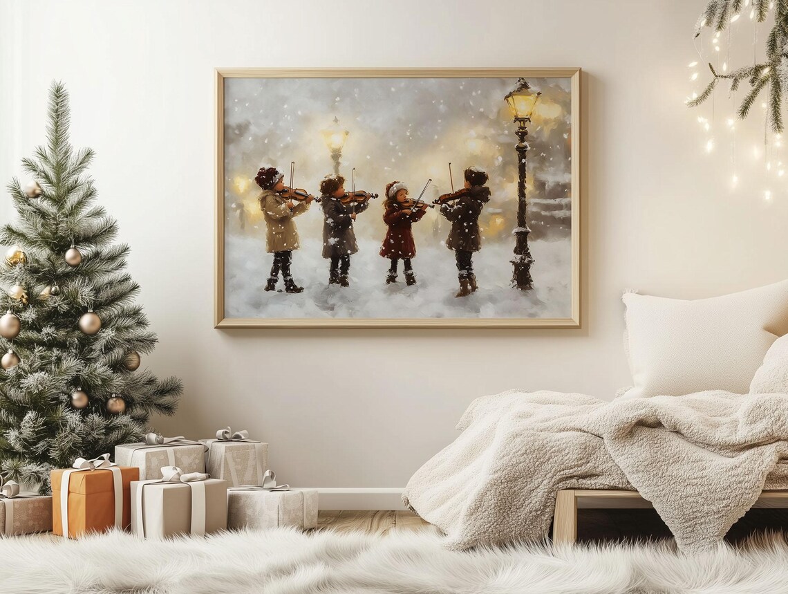 Vintage Children Playing Violins in Snowy Street Winter Art Poster - Image 2