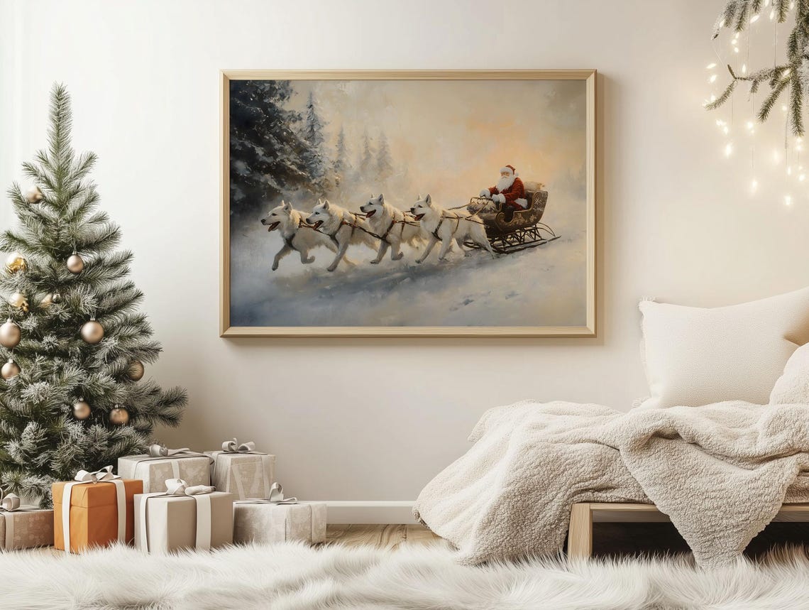 Santa Claus Dog Sled Team with Huskies in Snowy Forest Poster - Image 2