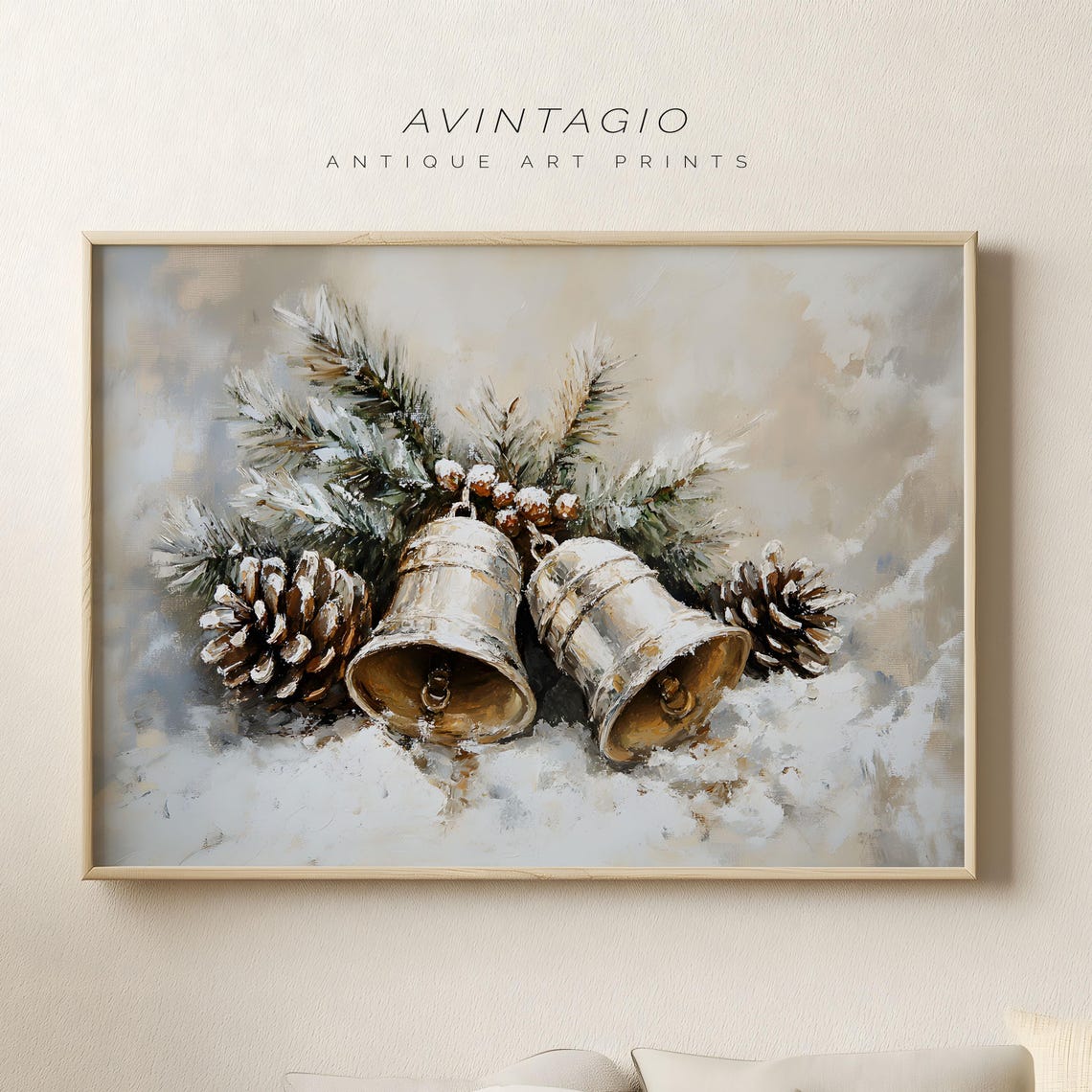 Vintage Jingle Bells Christmas Wall Art Holiday Holly Still Life Oil Painting Antique Winter Season Gallery Decor Festive Cottagecore Art