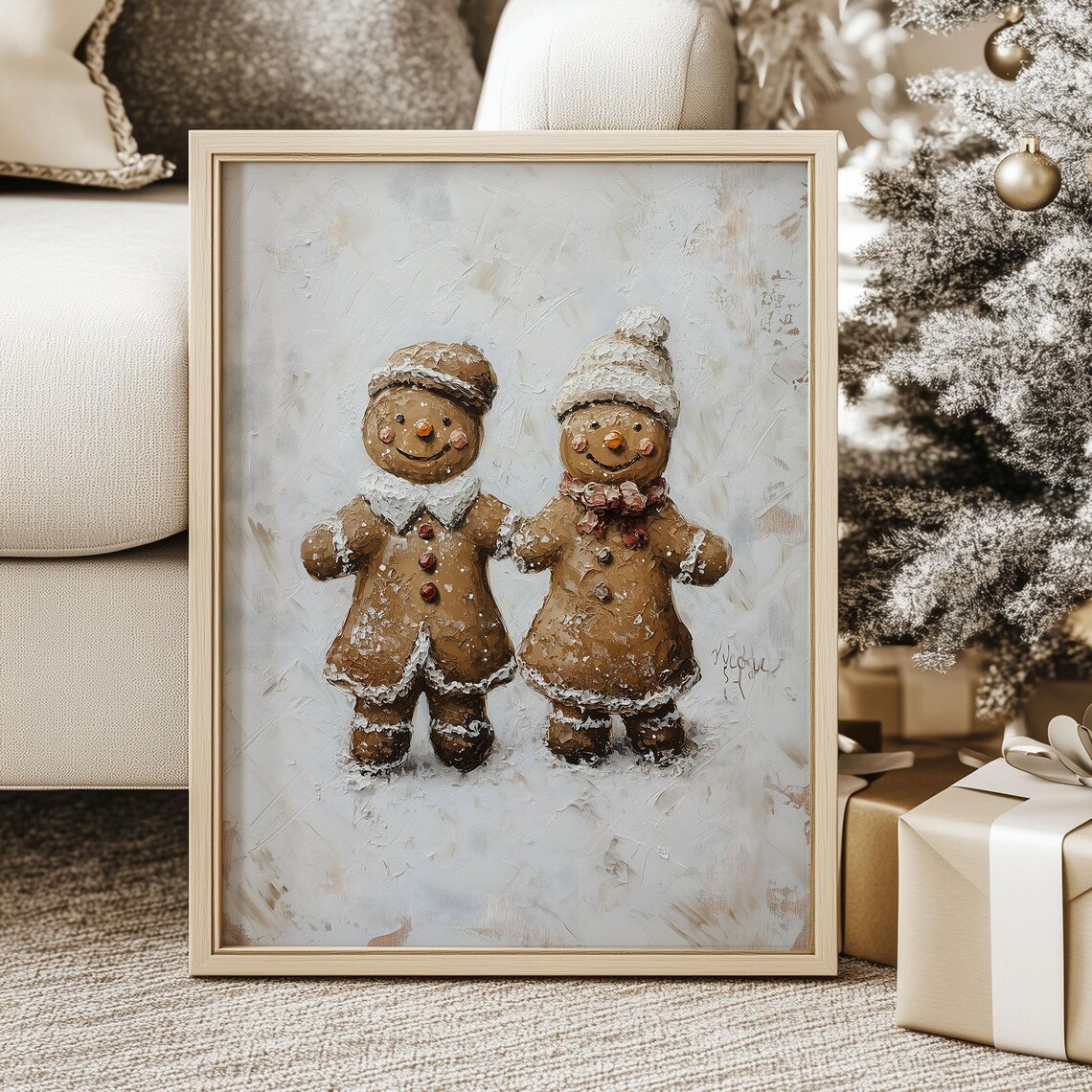 Gingerbread Couple in Winter Hats Rustic Christmas Painting Poster