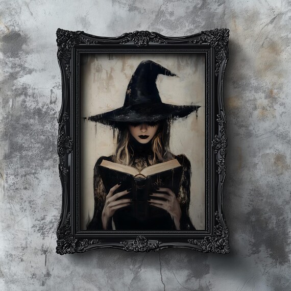 Gothic Witch Reading an Old Book Moody Dark Academia Art Poster