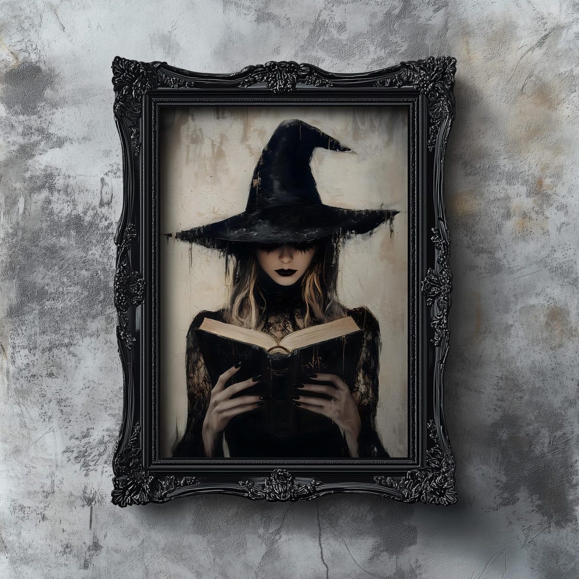 Gothic Witch Reading an Old Book Moody Dark Academia Art Poster