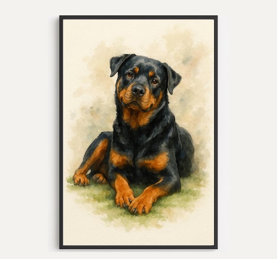 Loyal Rottweiler Dog Watercolor Portrait Black Tan Pet Dog Poster