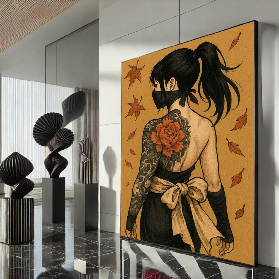 Tattooed Ninja Woman Peony Flower Back Tattoo Autumn Leaves Poster